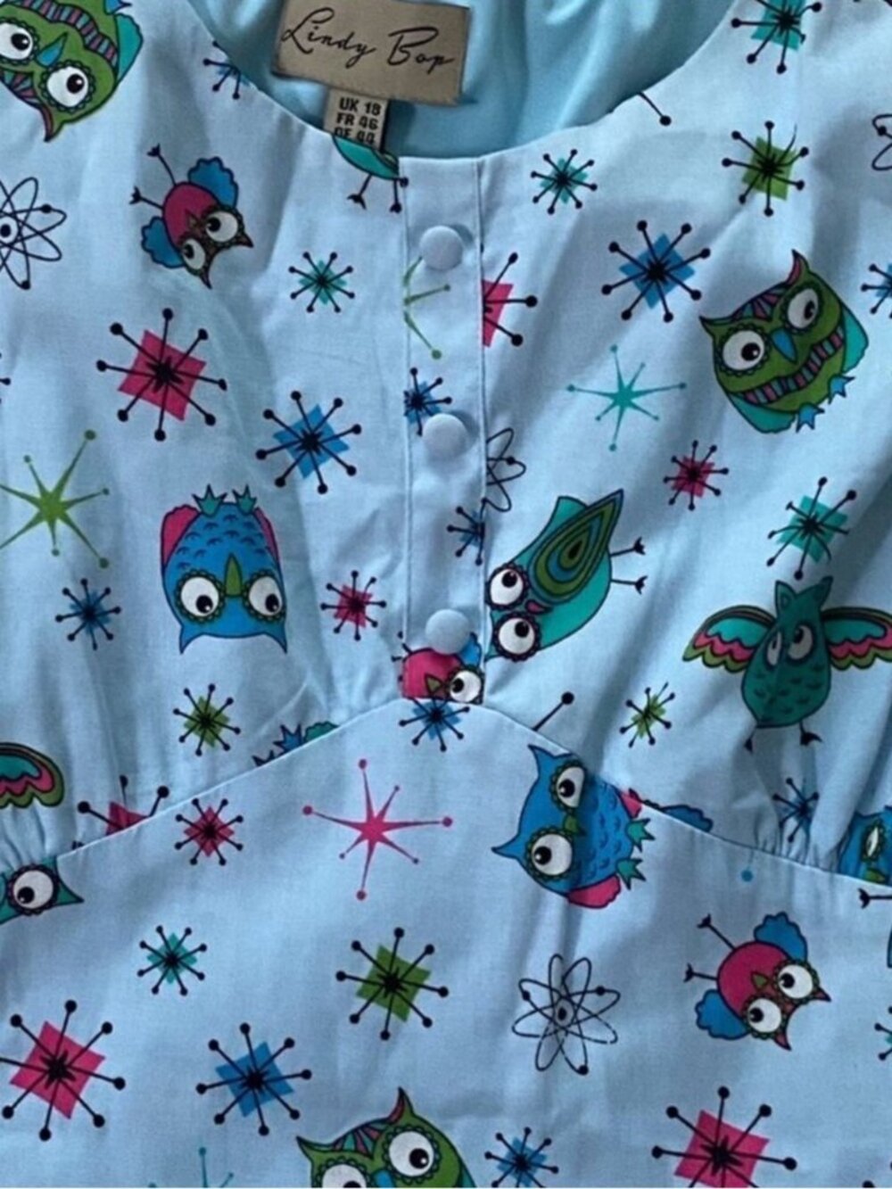 Lindy Bop UK Plus Size Dress 14 Cotton Atomic Owls Pinup 40s Vacation Cruise